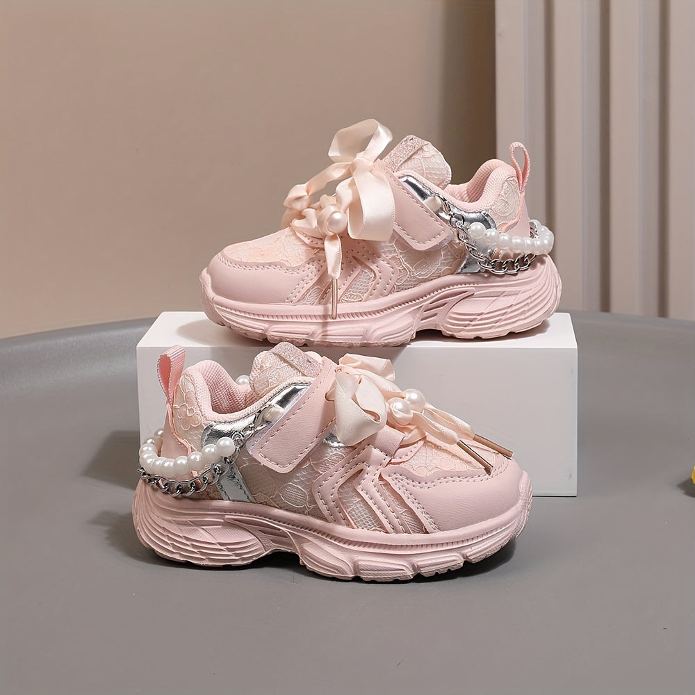 Girls Casual Pearl Chain Low Top Sneakers for Spring and Fall Non-Slip Sport Shoes