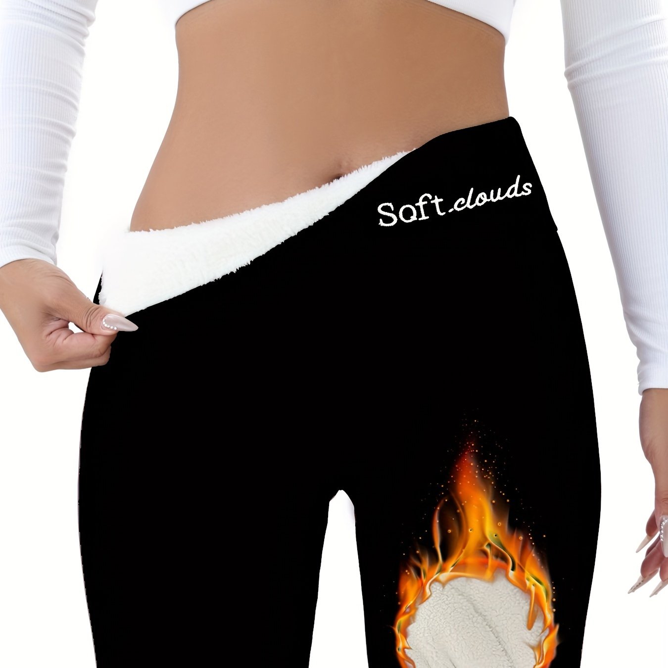 Women's Fleece-Lined Leggings with Embroidery and Flame Detail for Fall Winter