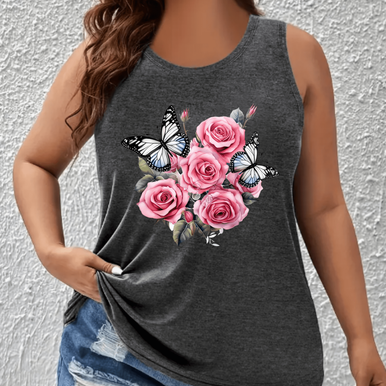 Top sin mangas de verano casual para mujer talla grande con estampado de mariposas y flores