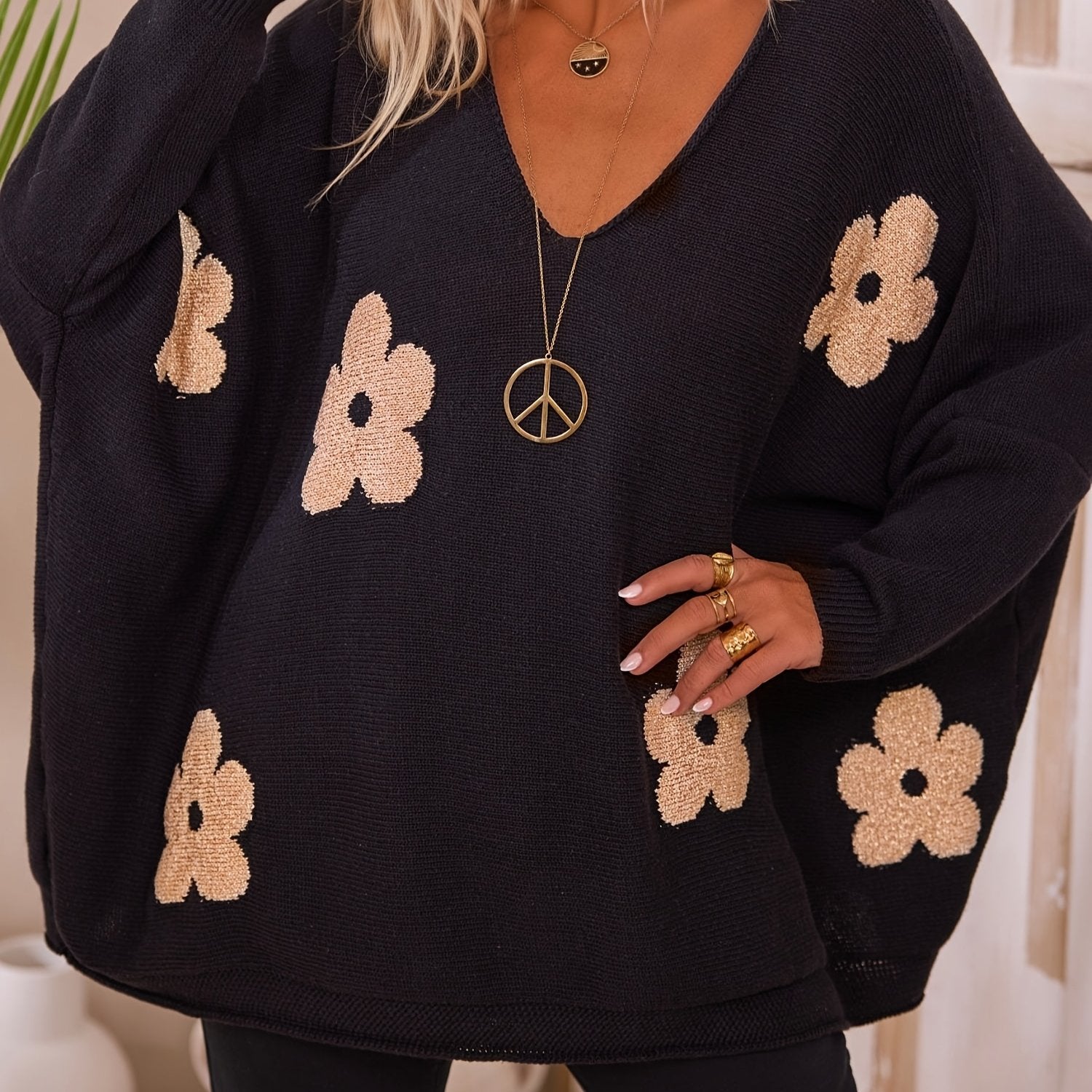 Женский свитер с V-образным вырезом и цветочным принтом plus size, темно-синий, с длинными рукавами