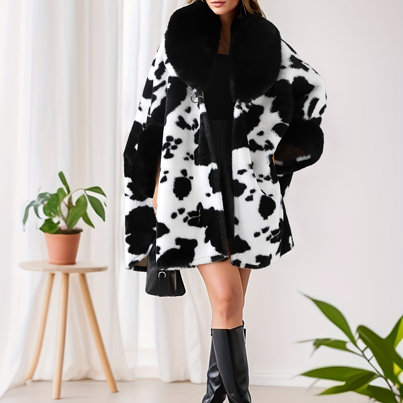 Hayvon naqshli qalin sun'iy mo'ynali yarasa uslubidagi kardigan.