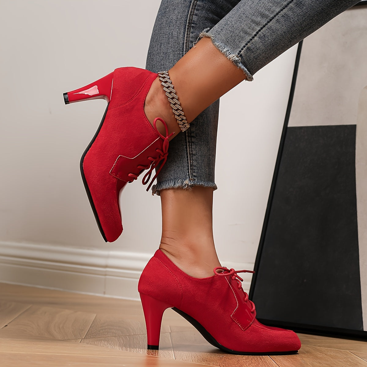 Women Faux Leather Lace-Up High Heels Pointed Toe Chunky Heel