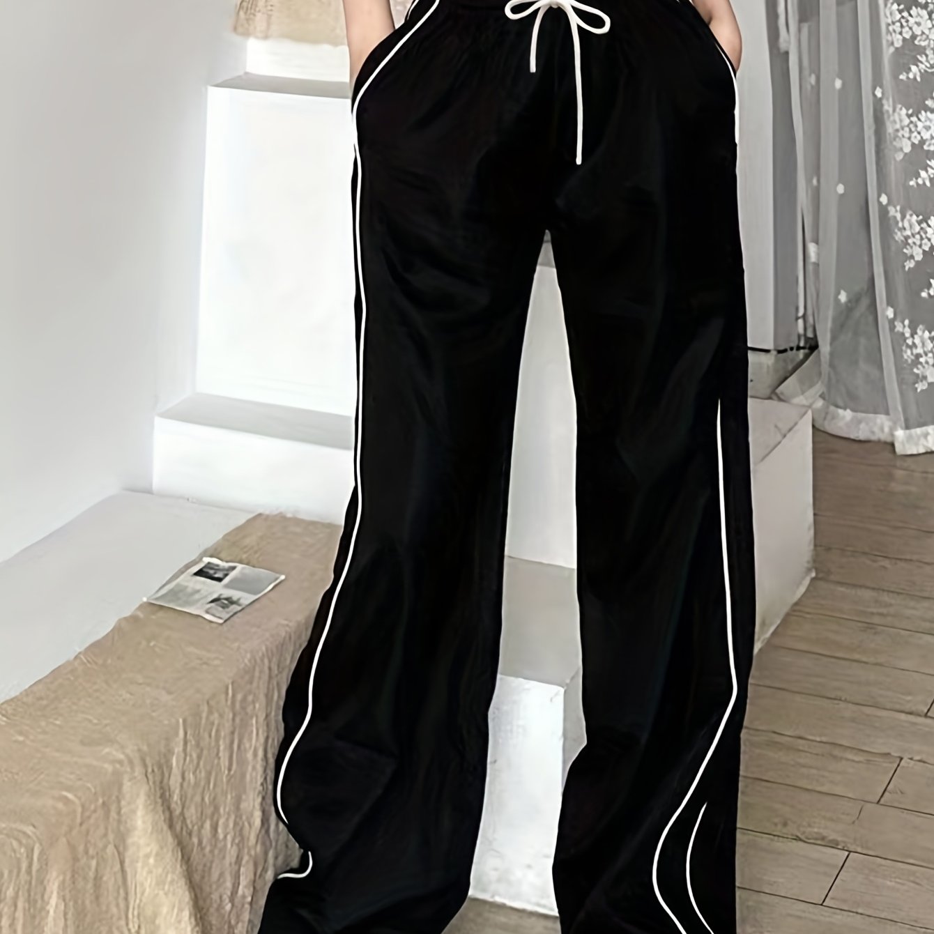 Women Y2K Baggy Pants with Contrast Drawstring Waist and Slant Pockets
