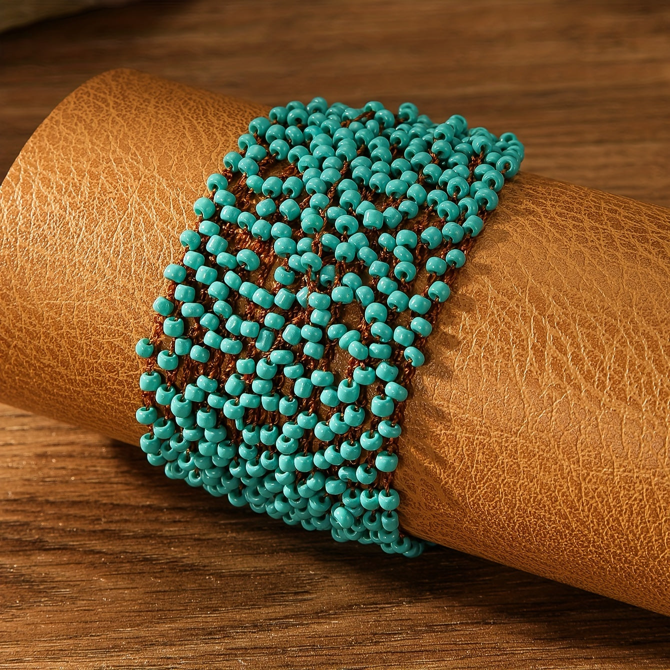 Green Crochet Boho Style Beaded Bracelet for Women Handmade Jewelry Gift