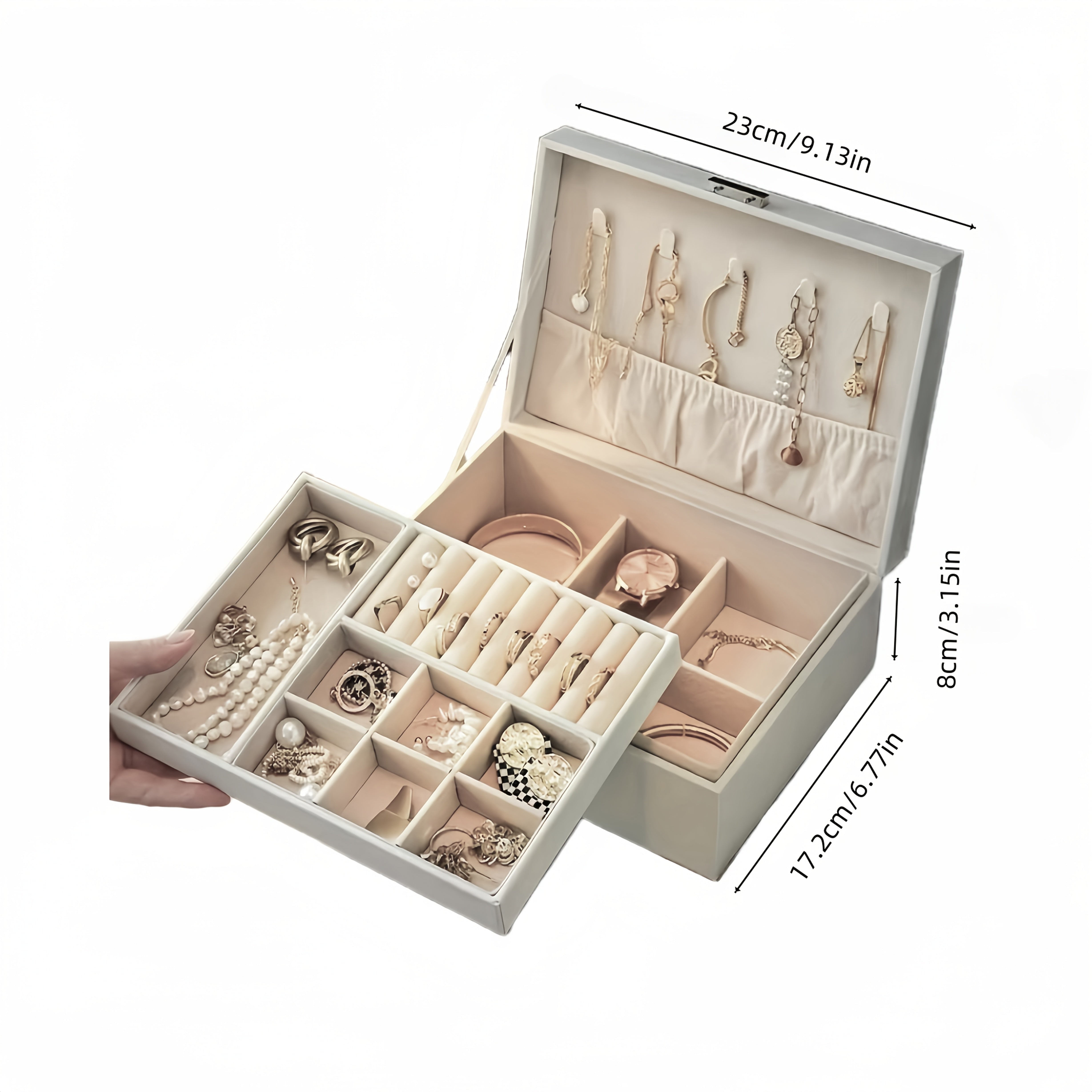 3-qavatli sun'iy charmli zargarlik saqlash qutisi, qulflangan, yumshoq qoplamali tortmalar. Marjonlar, bilakuzuklar, soatlar uchun keng joy. Yashil va oq ranglarda mavjud. Ayollar uchun mukammal sovg'a va