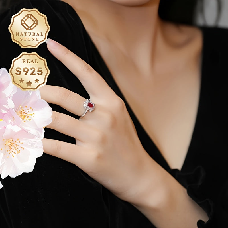 Women's Adjustable Silver Ring with Natural Red Stone Jewelry Gift