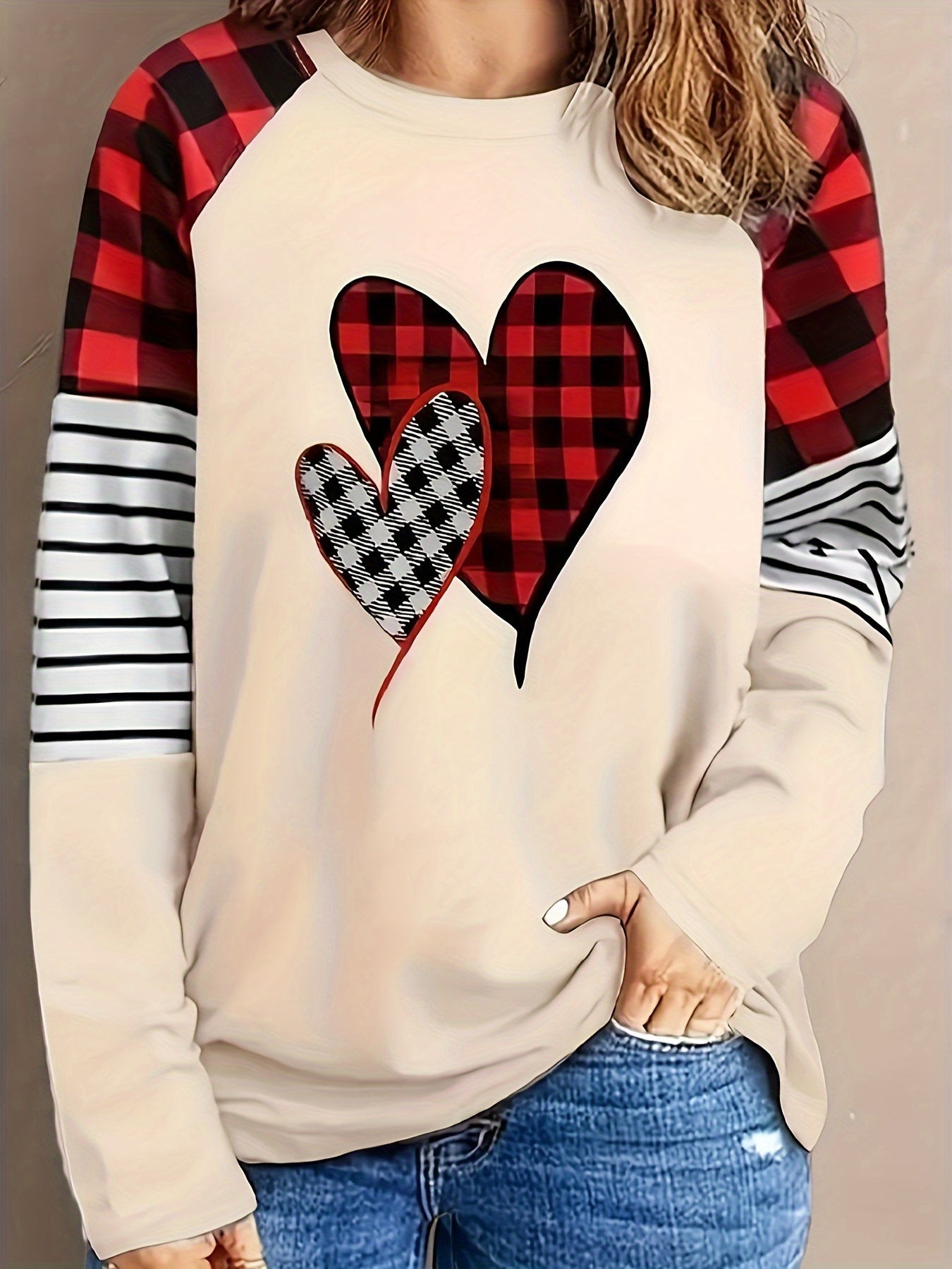 Крупные размеры повседневный свитшот для женщин с принтом в клетку и сердечком, с длинными рукавами, пуловер