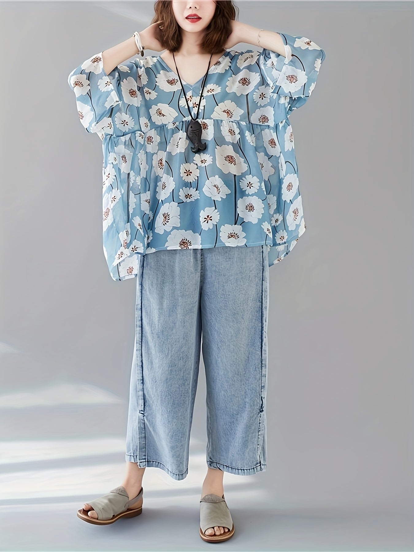 Plus Size Women's Floral Print Chiffon V-Neck T-Shirt Summer Top