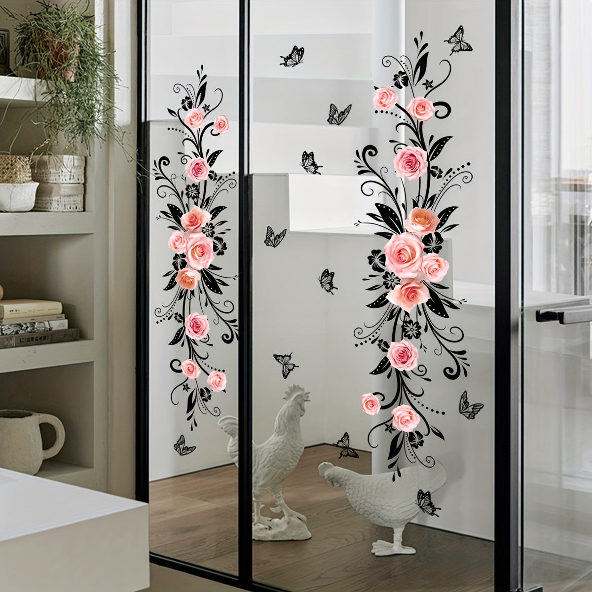 Pink Rose and Black Butterfly Wall Stickers for Home Decor Reusable PVC