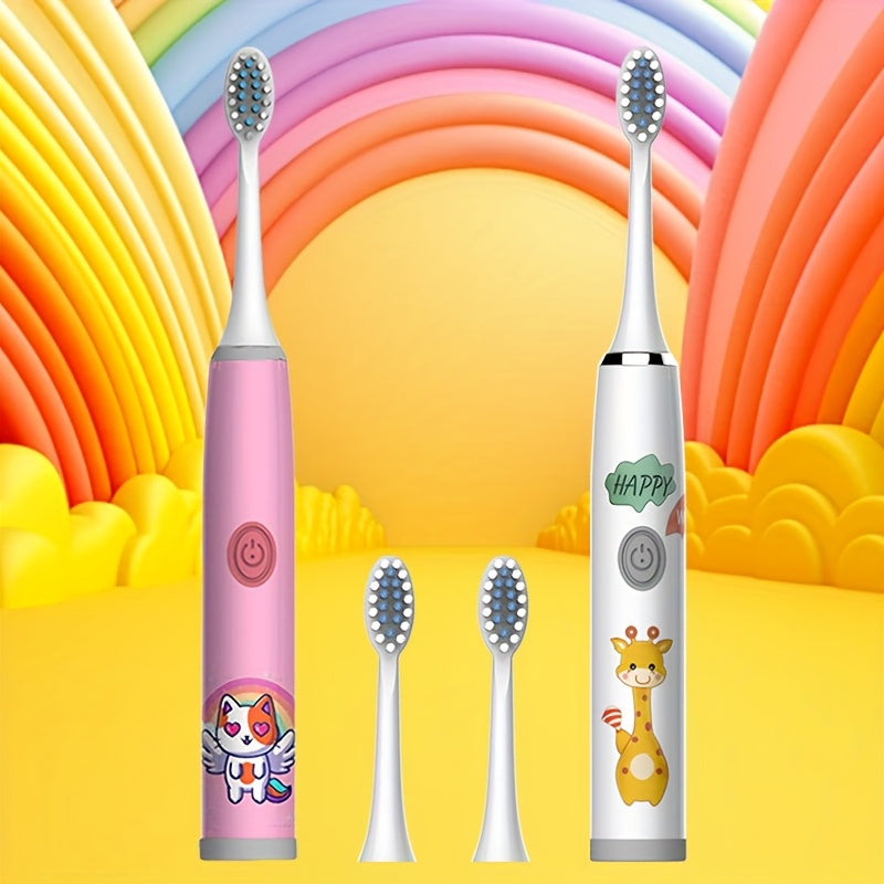 Электрическая зубная щетка для детей с 4 насадками, мягкая щетина, работает на батарейках