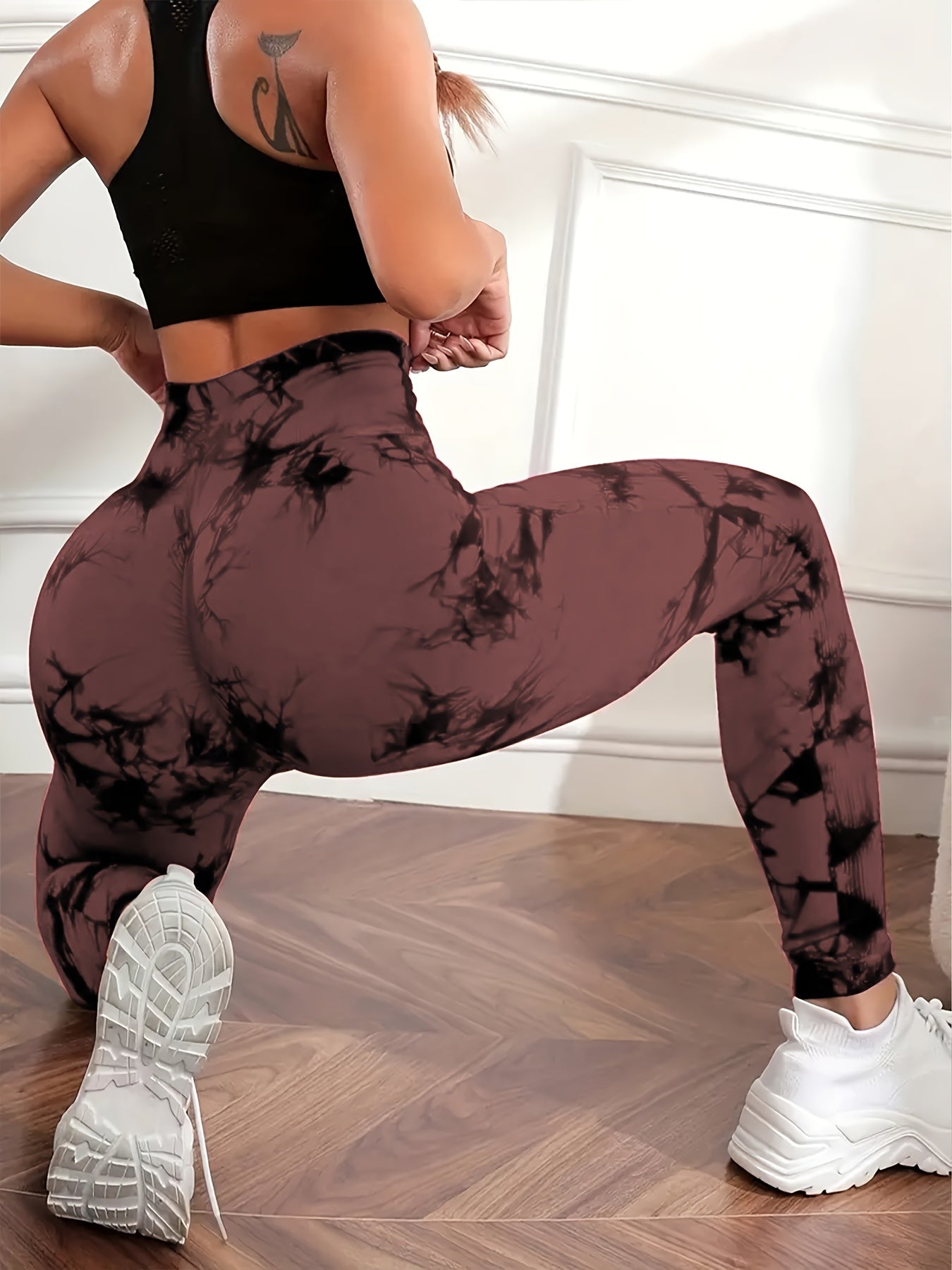 Women's High-Waist Peach Tie-Dye Yoga Leggings Seamless Breathable Nylon Elastane