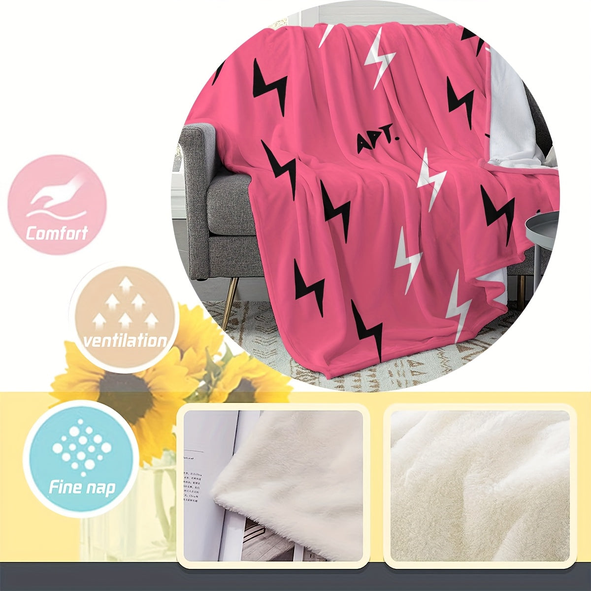 Reversible Flannel Fleece Throw Blanket Music Theme Black Lightning Pattern Ultra Soft Cozy All-Season Home Travel 200-250g Polyester