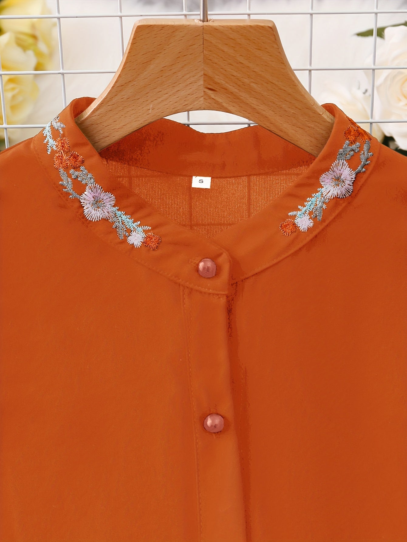 Women's Long Sleeve Embroidered Blouse with V-Neck and Button Front