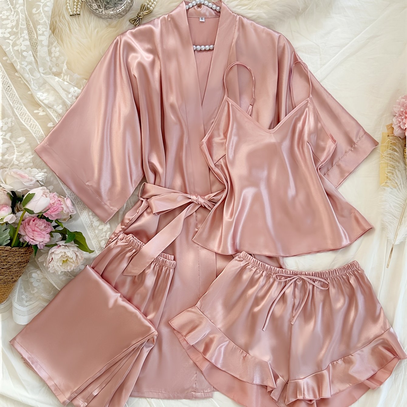 Women's V-Neck Sleepwear Set with Shorts and Pants Solid Polyester All-Season