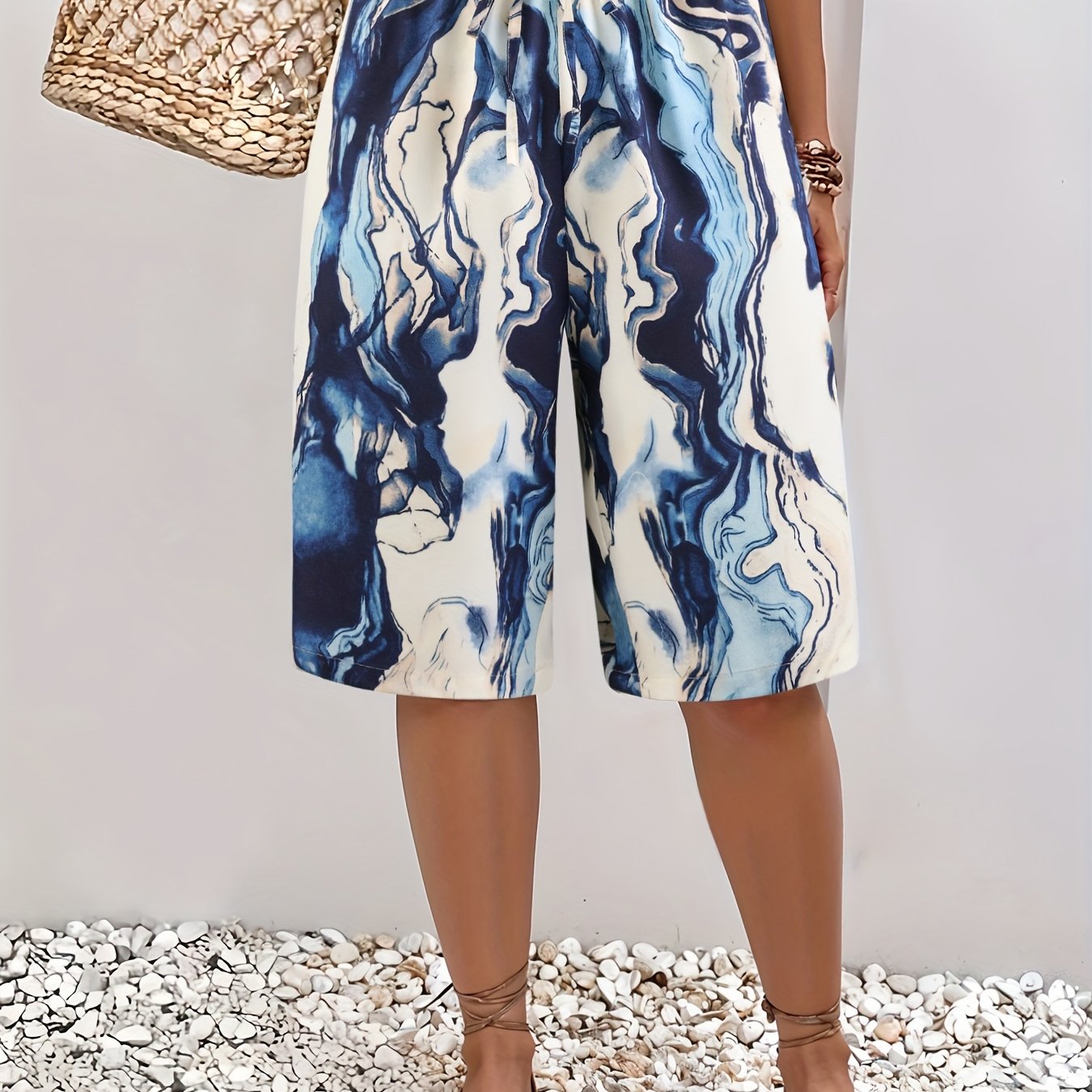 Women's Plus Size Casual Beach Shorts Lightweight Polyester Tie-Waist Abstract Print