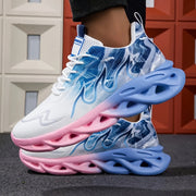 Zapatillas deportivas casuales para hombre con parte superior de punto transpirable, suela amortiguadora de impacto MD, de perfil bajo, con cordones, en gris y blanco