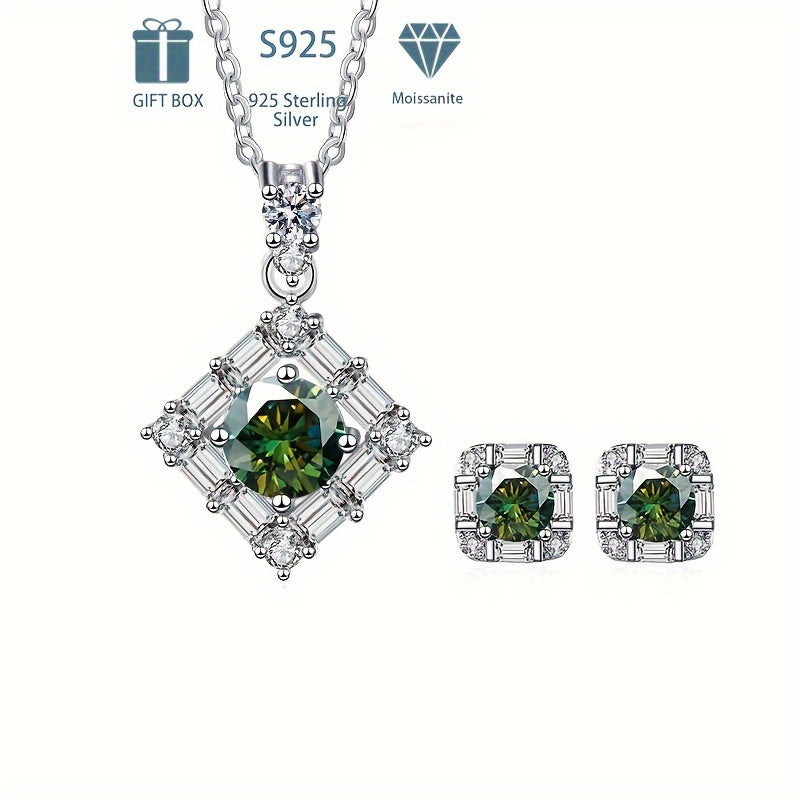 Silver Plated Jewelry Set with Moissanite Birthstone Pendant and Stud Earrings for Women