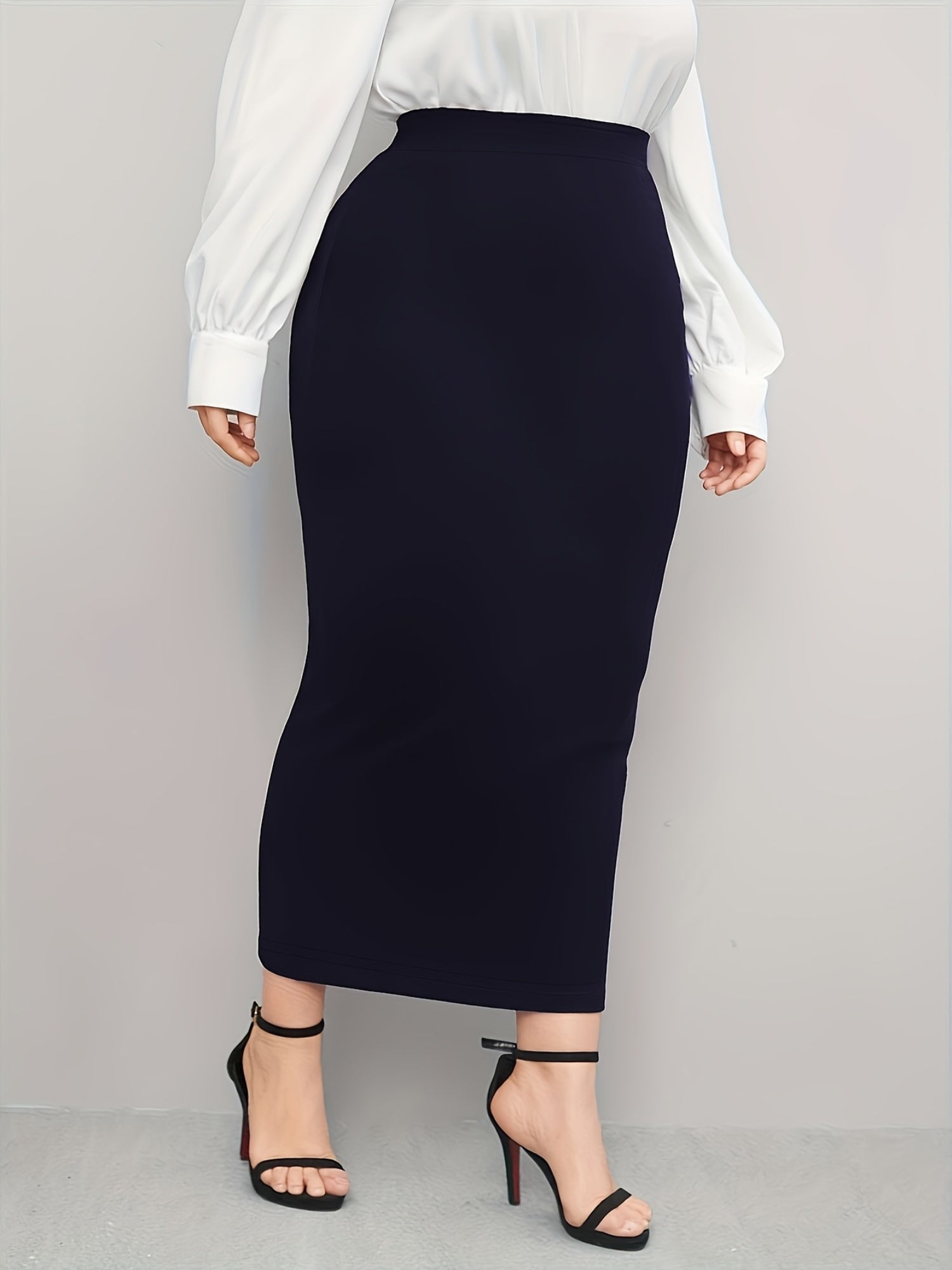 Plus Size Midi Pencil Skirt Polyester Knit Solid Color Straight Cut
