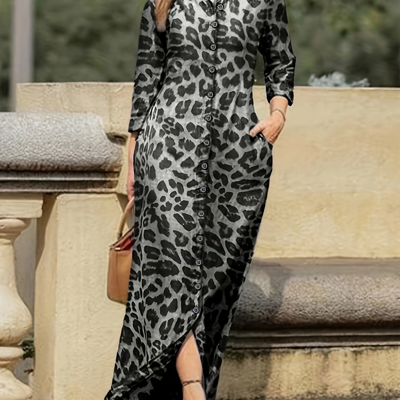 Women's Leopard Print Maxi Dress with Button Front for Fall and Spring