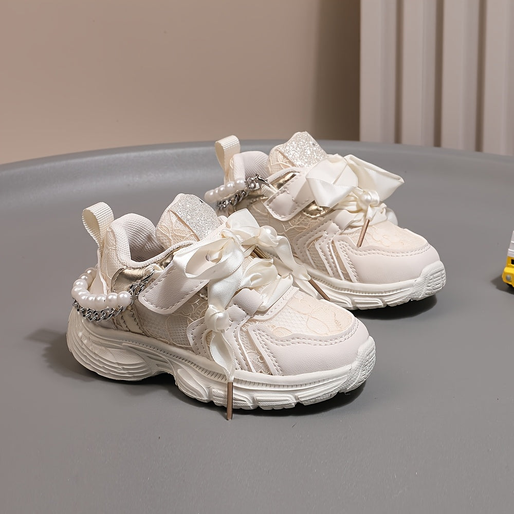 Toddler Girls Sneakers with Pearl Chain Casual Lace-Up Breathable Fabric EVA Sole Beaded Design for Spring Fall