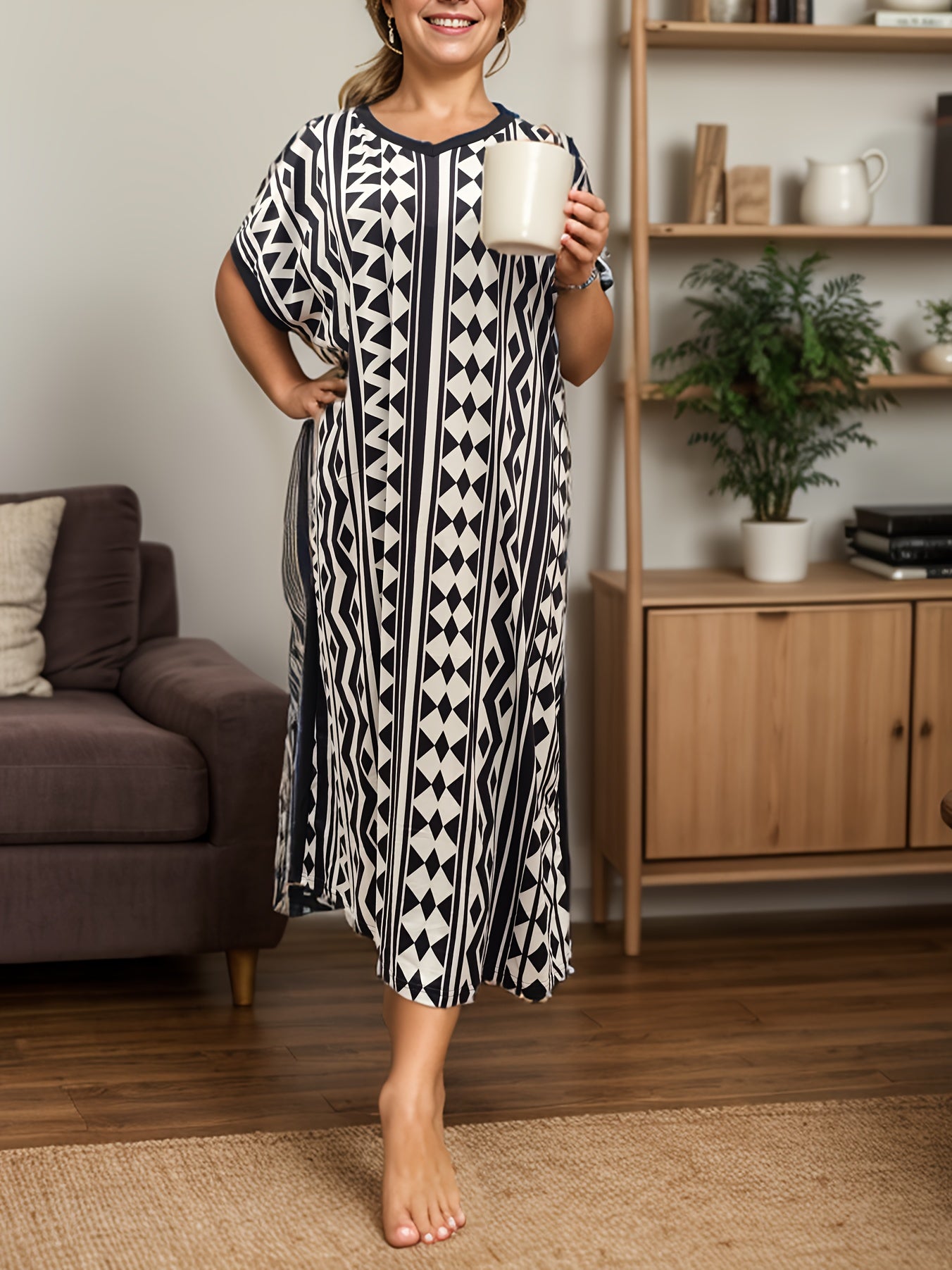 Plus Size Women's Black and White Geometric Batwing Sleeve Midi Dress