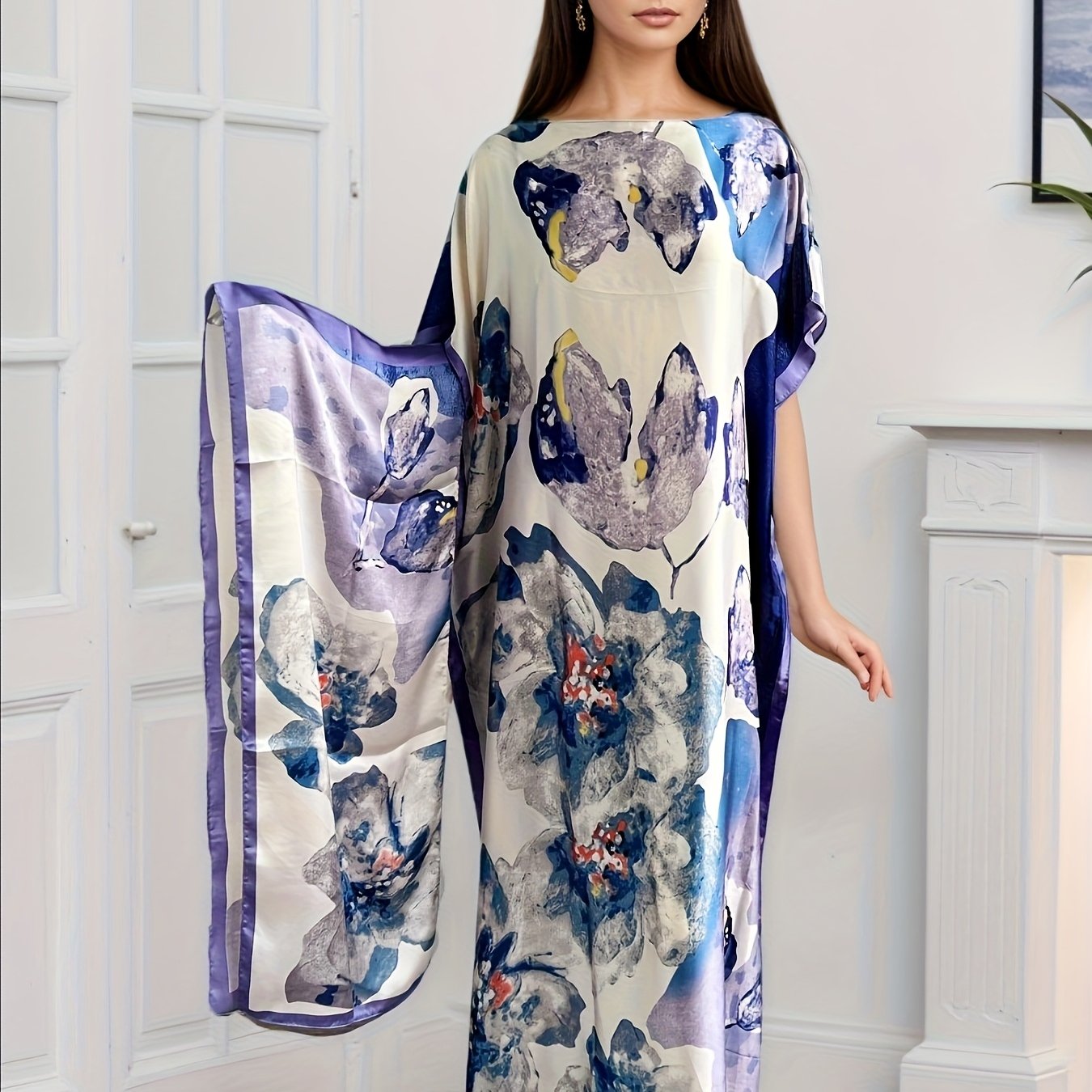 Plus Size Women's Maxi Dress Floral Batwing Sleeves Purple Blue Formal Casual