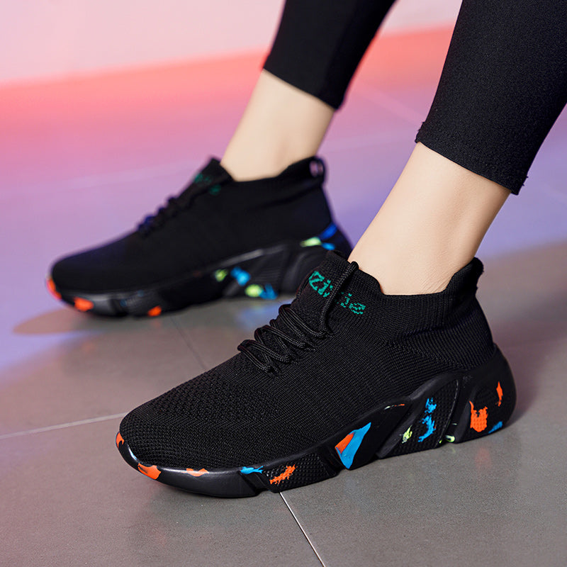 Women and Men Breathable Knit Athletic Sneakers - Lightweight All-Season Running Shoes Black with Colorful Accents