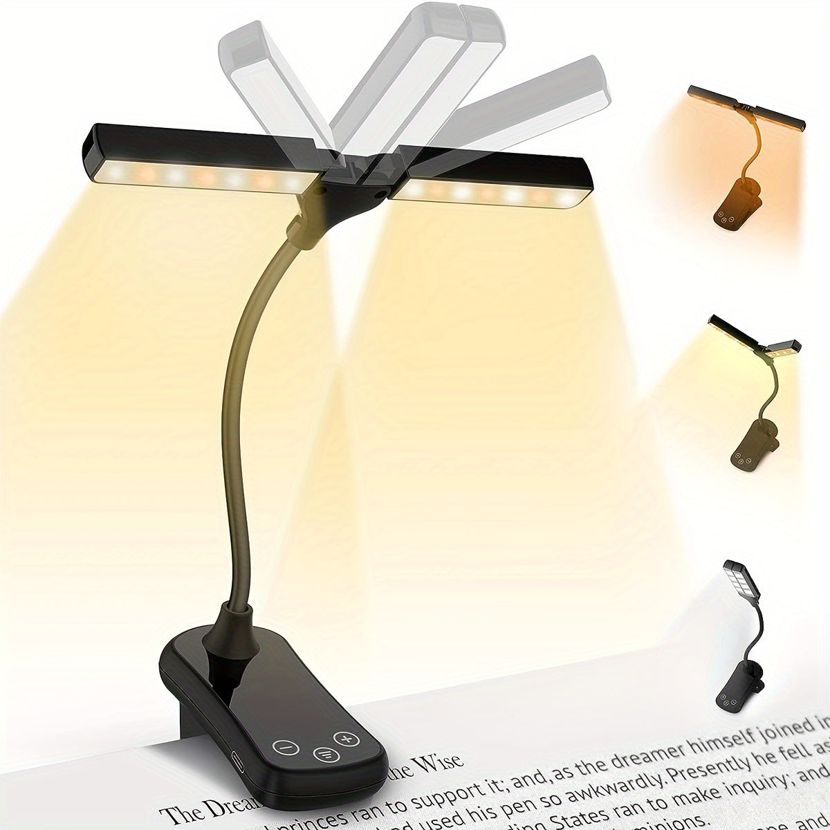Rechargeable Book Light with 14 LEDs Dual Head Clip-On Reading Lamp Warm Cool Light