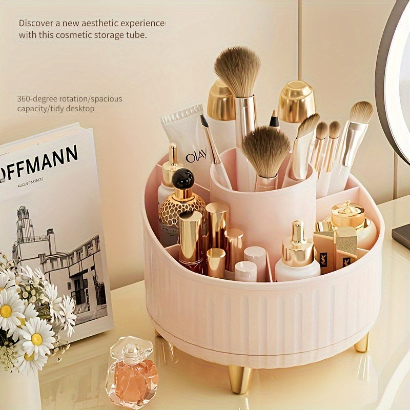 360° Rotating Makeup Organizer with 7 Compartments for Brushes Lipsticks Skincare and Stationery