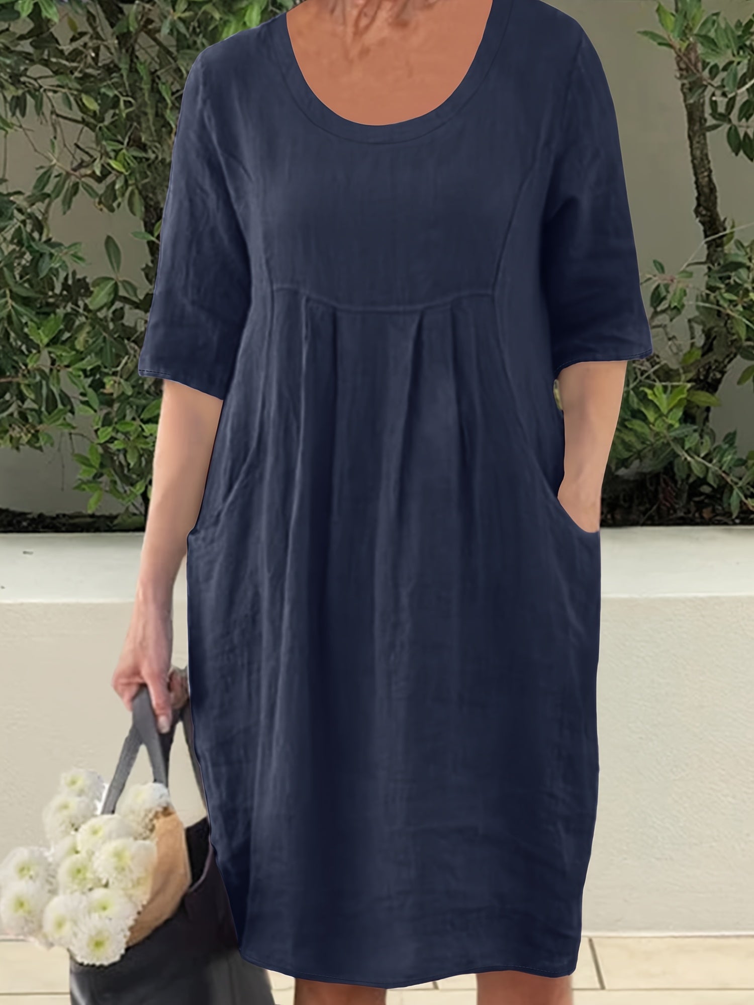 Solid Color Cotton Crew Neck Dress for Spring Fall Casual Fitted Non-Stretch