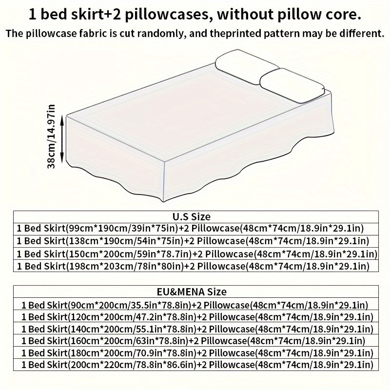 Set of 3 Macrame Bed Skirts and Pillowcases Flower Print Non-slip All-Season