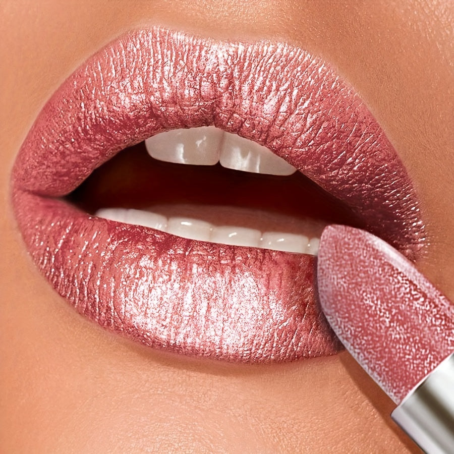 Женская перламутровая помада для губ стойкая увлажняющая металлический розовый блеск