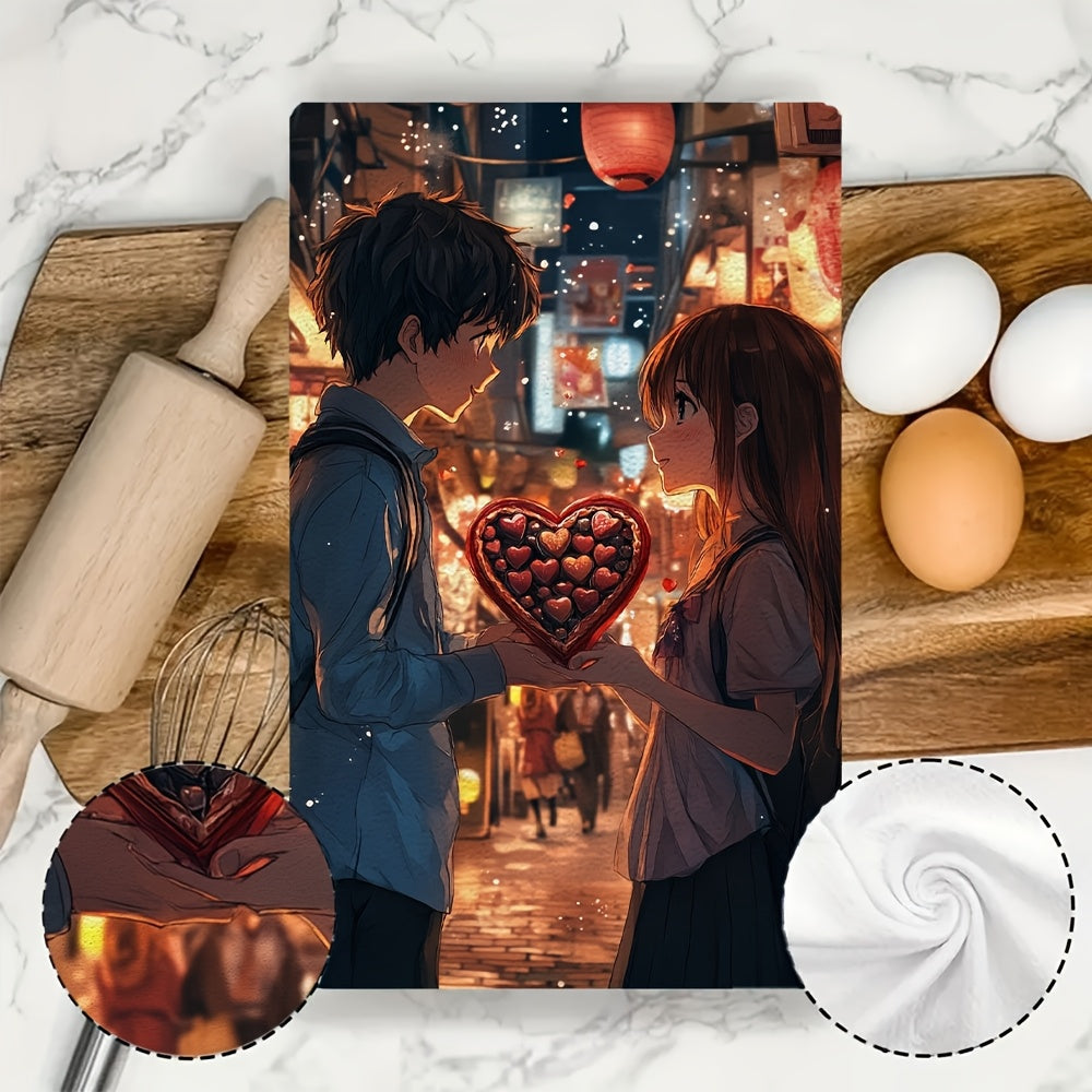 Set of 2 Ultra-Soft Kitchen Towels with Anime Boy and Heart Design