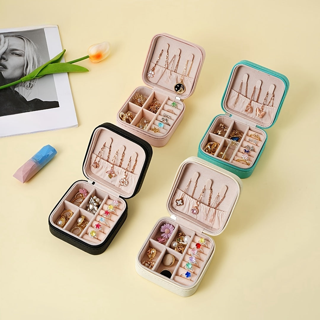 Organizador de joyas rectangular con cremallera para viaje y hogar, forrado de tela para pendientes, anillos y collares