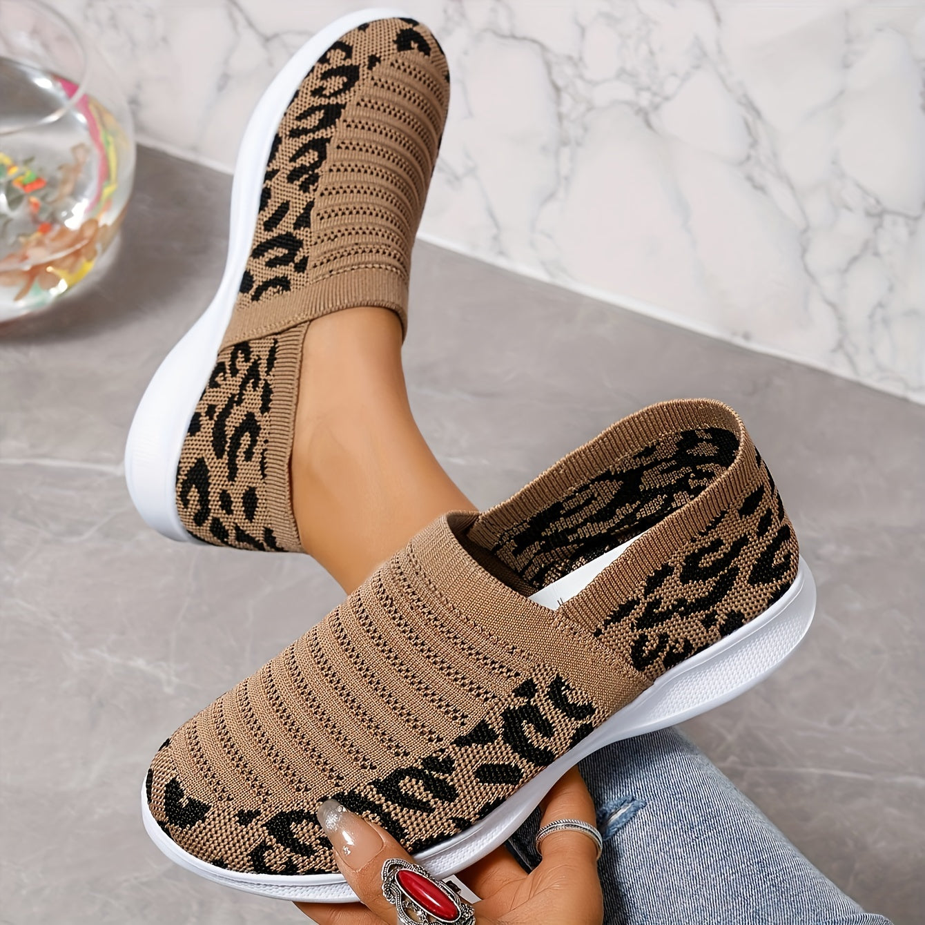 Women's Leopard Print Slip-On Mary Jane Sneakers Breathable EVA Cushioned Sole