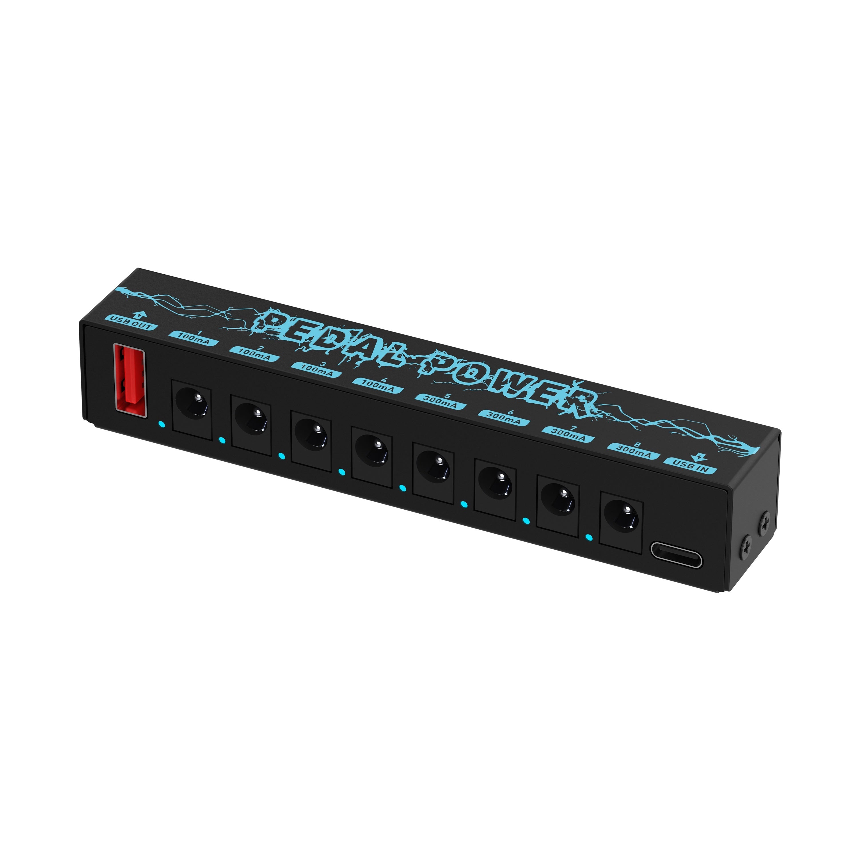 8 ta izolyatsiyalangan 9V kanallari, Type C kirishi, 8 ta DC chiqishi, 1 ta USB chiqishi va qisqa tutashuvdan himoya bilan portativ pedal quvvat manbai.