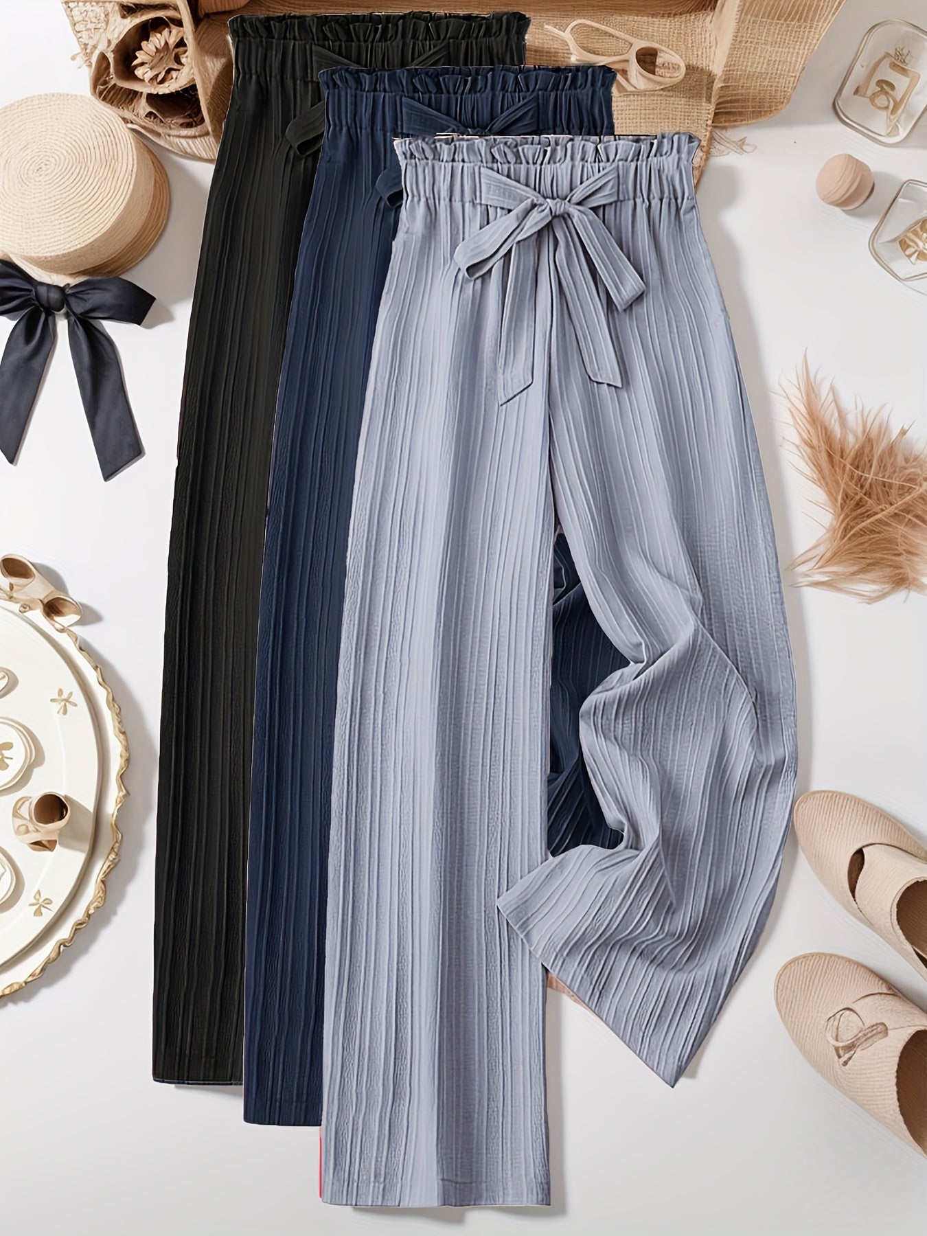 Plus Size Women's Wide-Leg Pants 3-Pack Non-Stretch Black Pink Beige Formal Casual