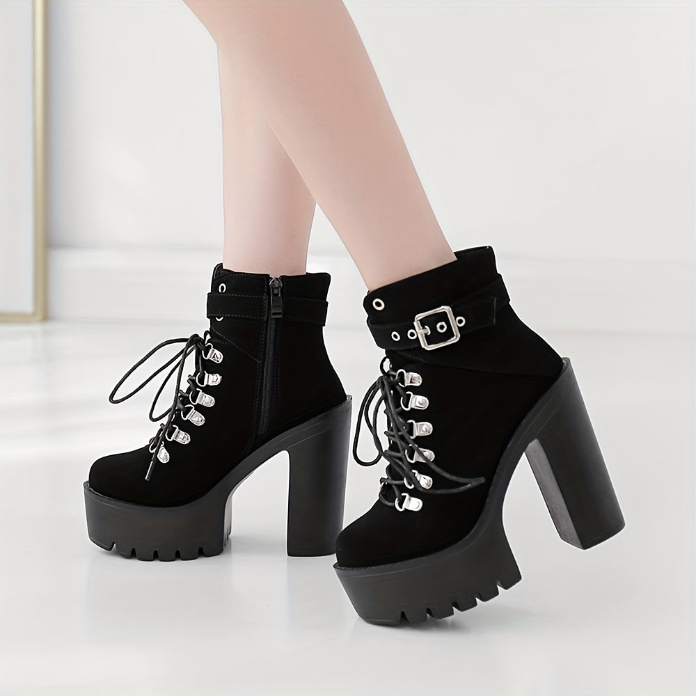 Women's Black Platform Block Heel Ankle Boots, Lace Up Buckle Strap, Fashion Party Motorcycle Style