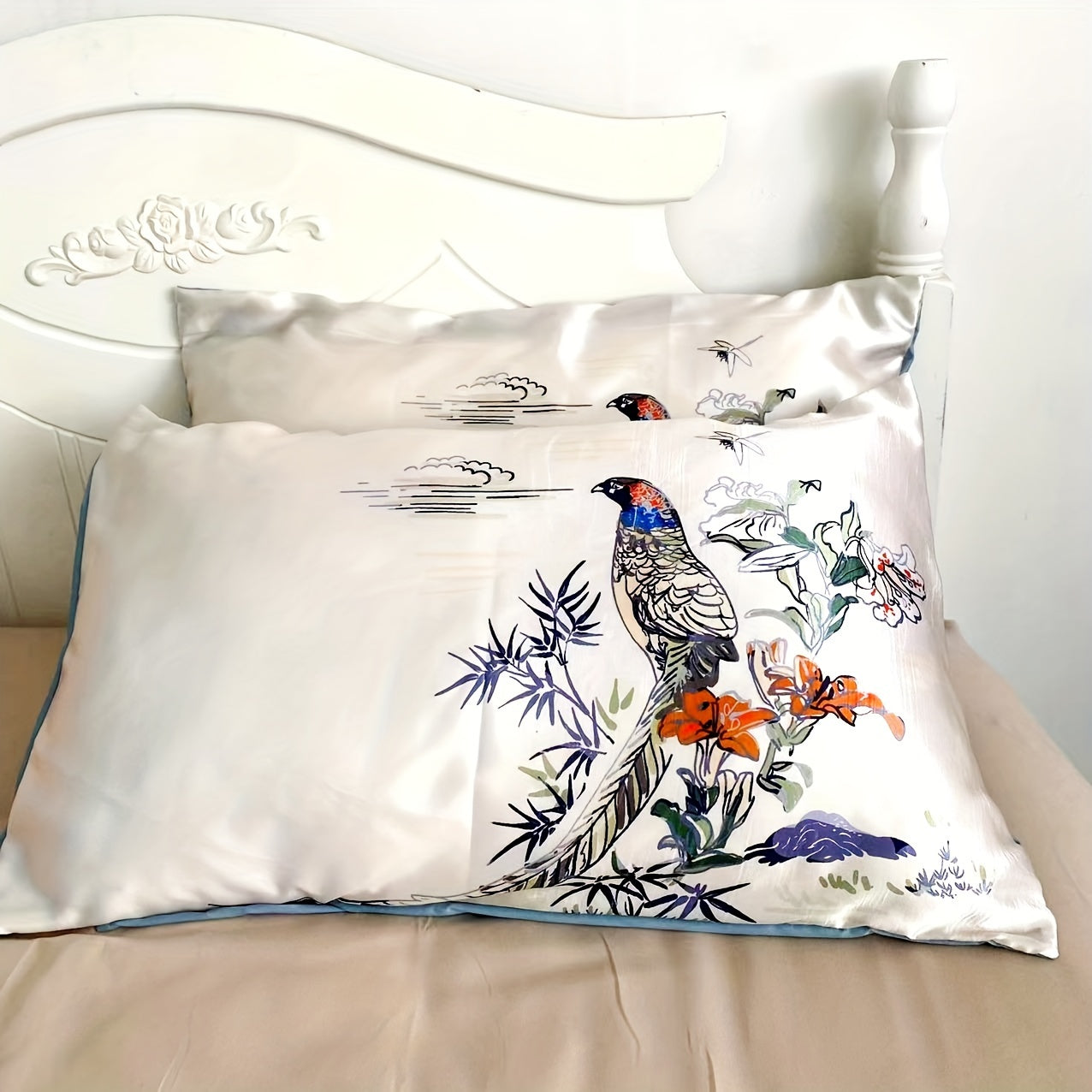 Set of 2 Satin Pillowcases with Floral Bird Patterns Reversible Envelope Closure