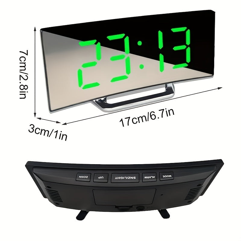 Digital LED Curved Alarm Clock with Snooze Mirror Desk Clock for Home Office Decor