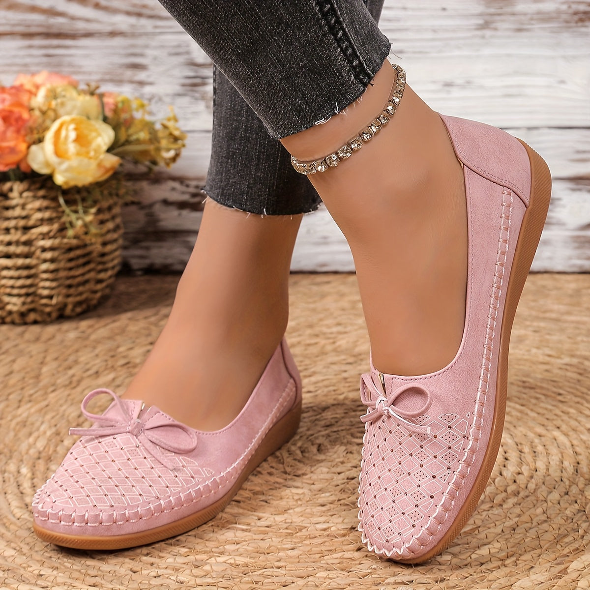 Women's Casual Slip-On Flat Shoes with Bow Pink Geometric Pattern