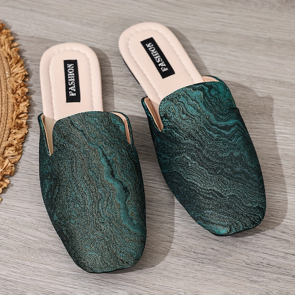 Women’s Green Glitter Slip-On Flat Shoes Casual Square Toe TPR Sole