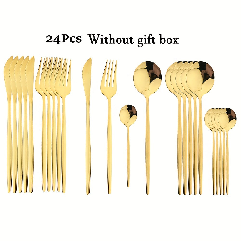 24-Piece Black Handle Gold Stainless Steel Cutlery Set for Kitchen Dining