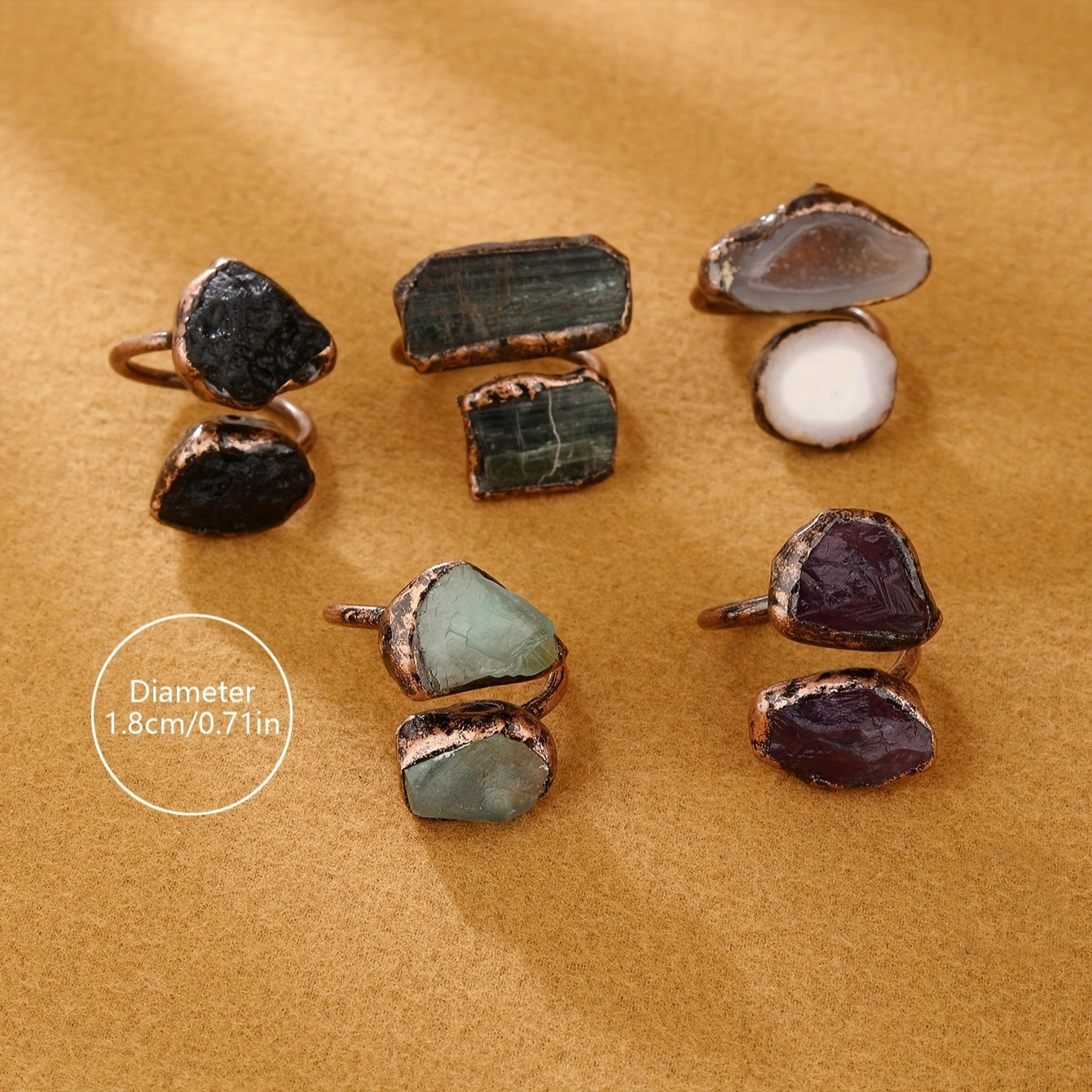 Boho-Chic sozlanadigan uzuk Amethyst, Yashil Fluorit, Tourmaline va Agat tabiiy toshlar bilan