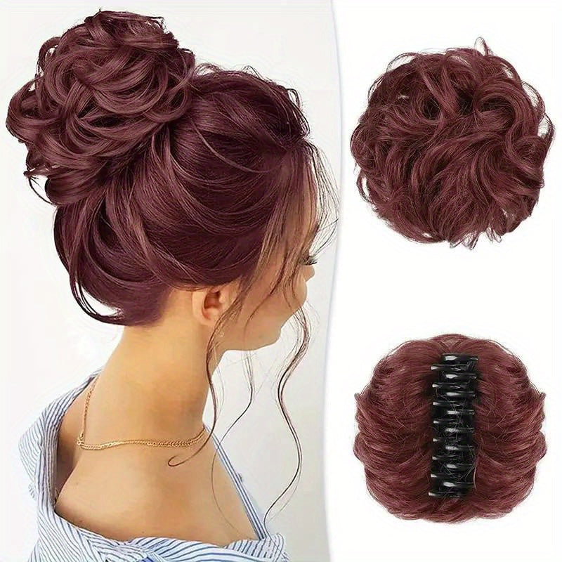 Women's Wavy Curly Hair Bun Synthetic Fiber Updo Hairpiece with Claw Clip