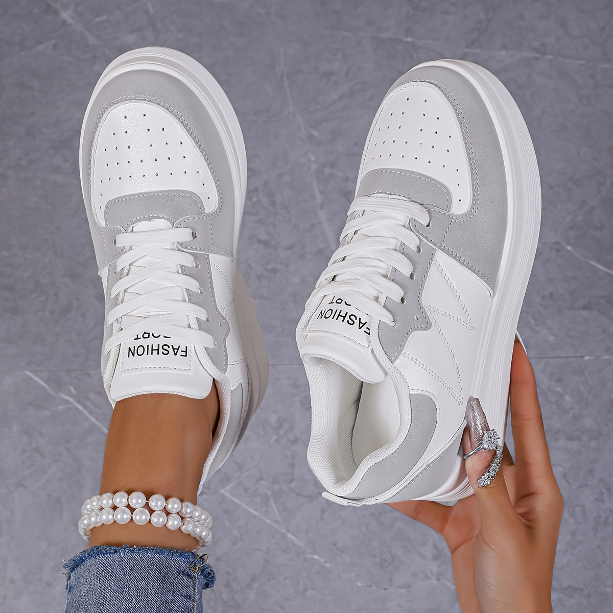Women's Slip-On Wedge Sneakers with Lace-Up Closure White Beige Breathable Mesh