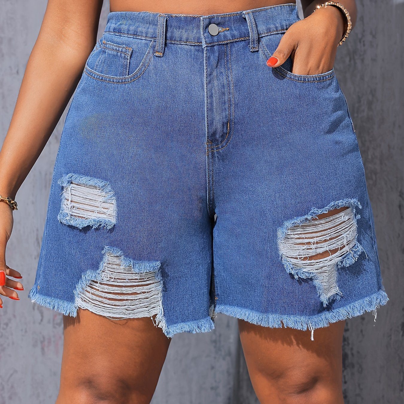 Women's High-Waisted Light Blue Ripped Denim Shorts for Summer