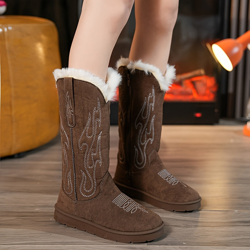 Women's Winter Snow Boots Plush-Lined Cowgirl Shoes with Zipper Durable Sole