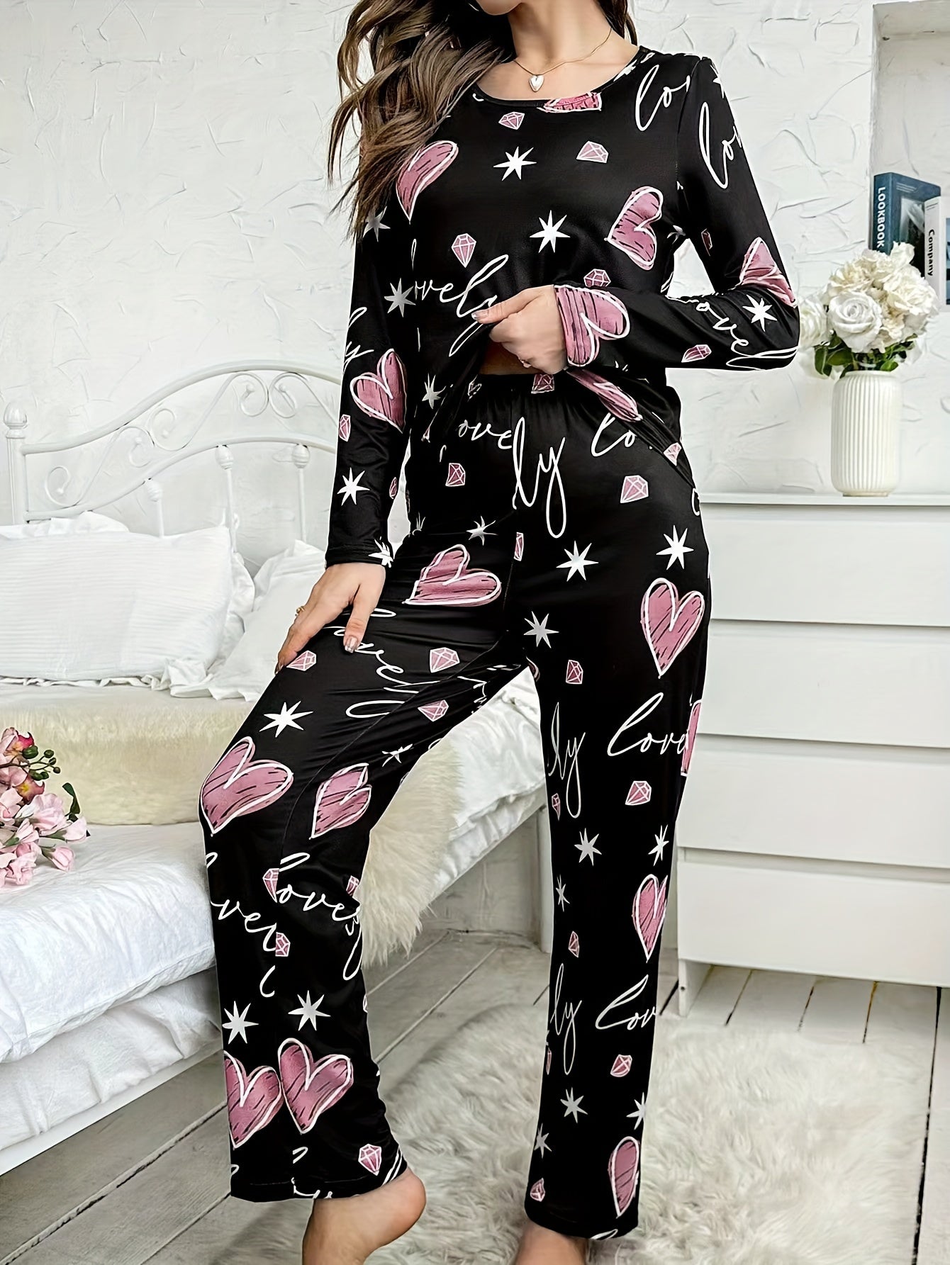 Women's Heart and Diamond Print Lounge Set Long Sleeve Top and Pants Casual Loungewear