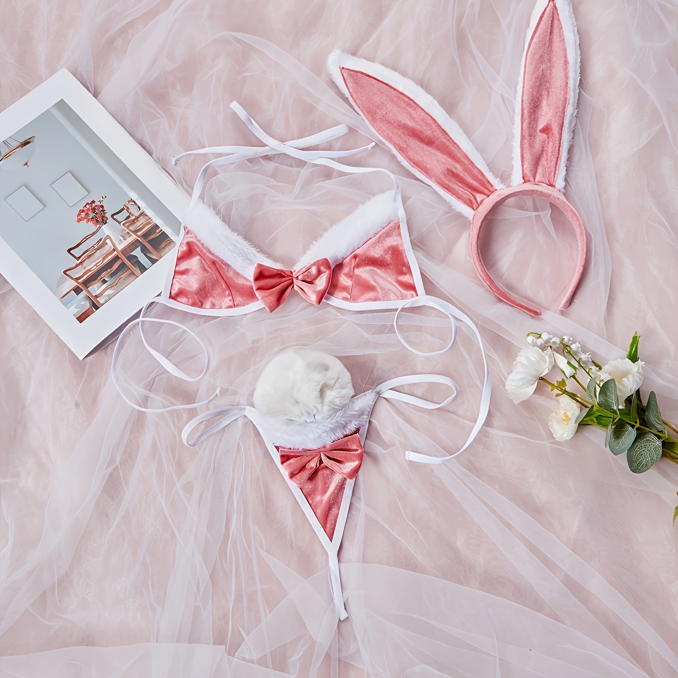 Adult Bunny Costume Set with Headband Bralette Thong and Bunny Tail